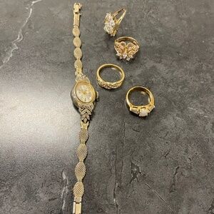 Vintage Waltham Ladies Cocktail Watch and Miscellaneous Ring Bundle.